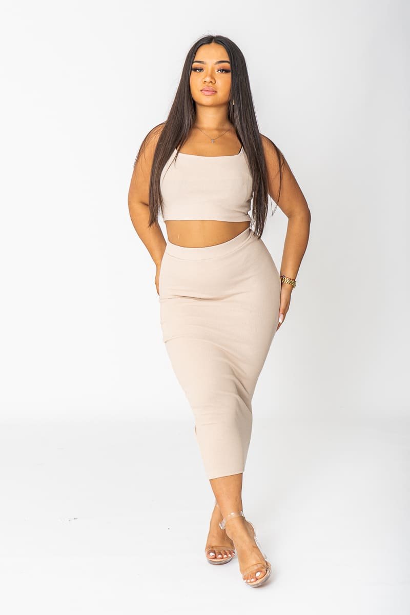 beige top and skirt set