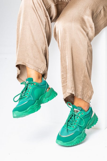 Platform trainers with two-tone gold detailing in green