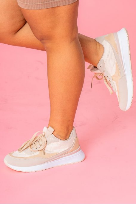 Bi-material sneakers with thick beige sole