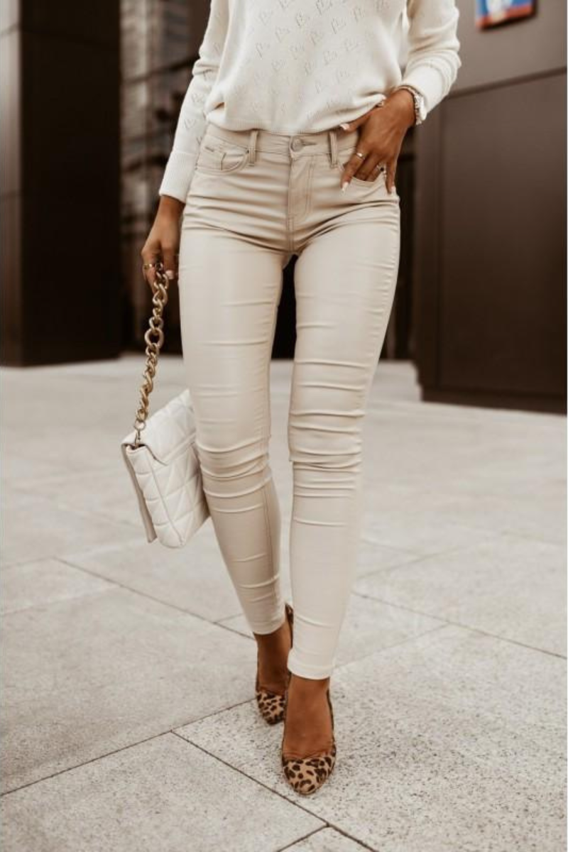 Skinny Beige Imitation Leather Pants Cinelle Paris Fashion Woman 6730