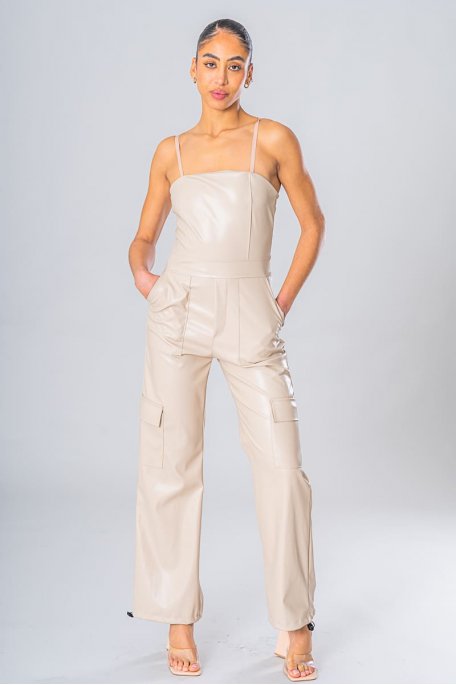 Combination pants imitation leather beige