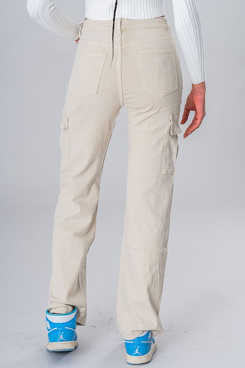 Beige Wide Cotton Cargo Pants Cinelle Paris Fashion Women 8448