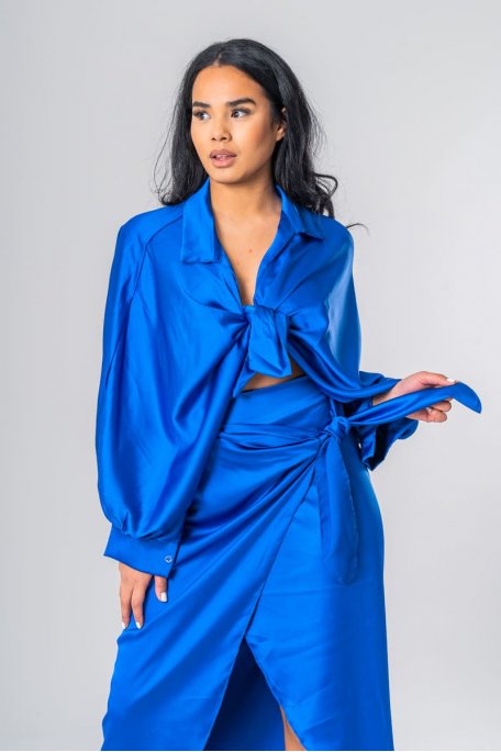 Blue satin shirt with puffed sleeves