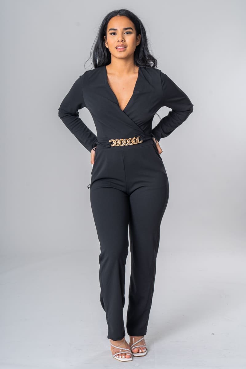 black jumpsuit with gold chain