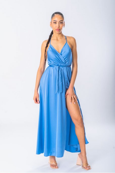 Long satin dress with blue wrap around neckline