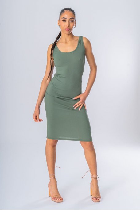 Khaki ribbed dress with thick straps