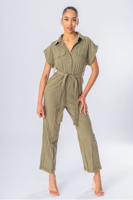 Khaki short sleeves pants suit with buttons