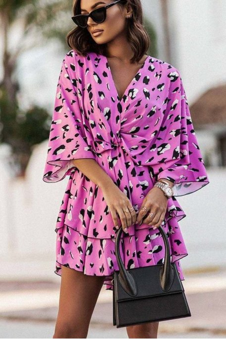 Kleid im Leopardenmuster mit Fledermausärmeln rosa