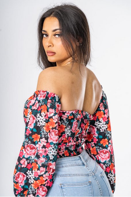 Strapless crop top with bardot collar and black floral motif