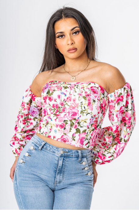 Strapless crop top with bardot collar and black floral motif