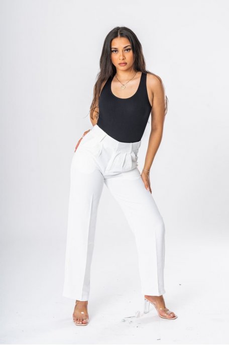 White high-waisted pleated tailored pants