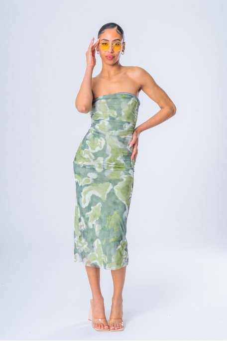 Green tie-and-dye mesh strapless slit maxi dress