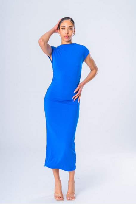 Blue ribbed long dress with ruched neckline