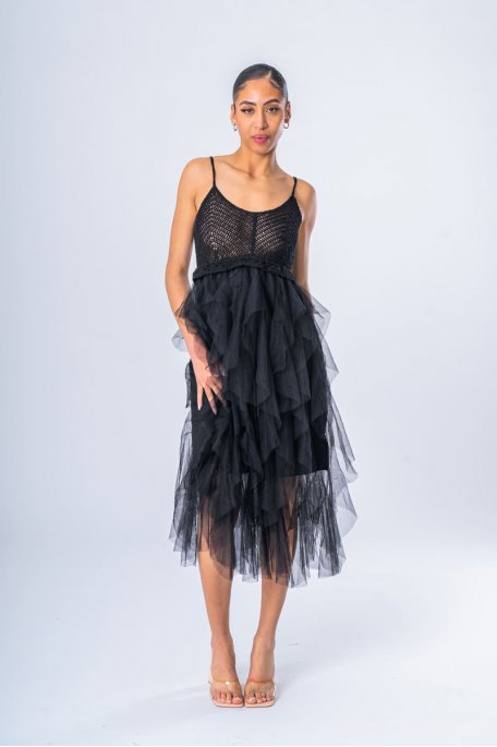Langes Kleid aus zwei Materialien Crohet Tüll schwarz