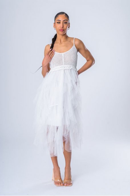 Crohet tulle white bi-material long dress