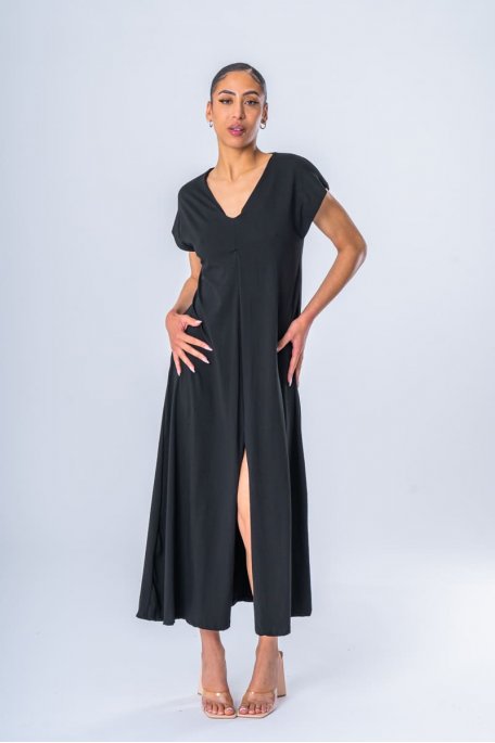 Black V-neck slit tee long dress