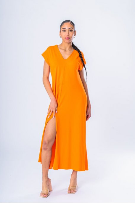 Langes Kleid T-Shirt geschlitzt V-Ausschnitt orange