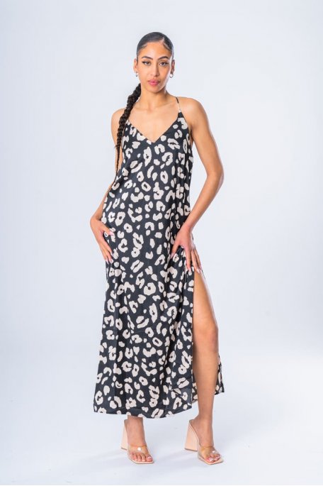 Black leopard print slit maxi dress