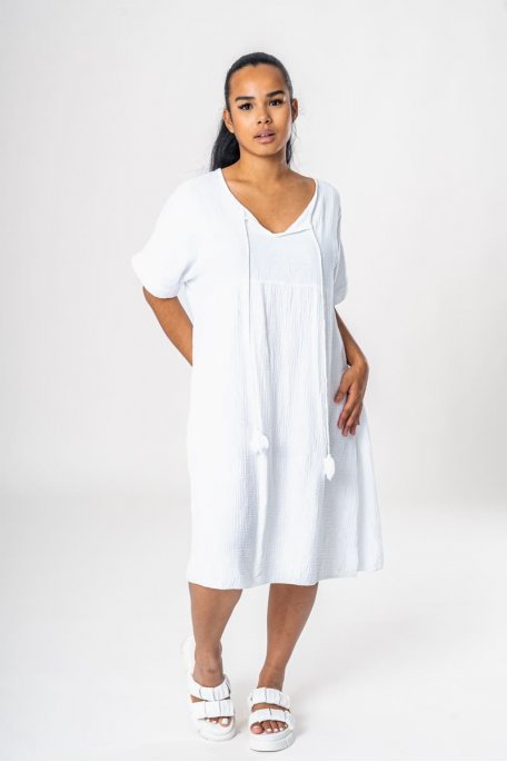Cotton gauze dress with white tassels