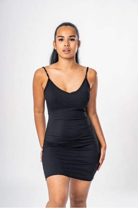 Ribbed short dress with black straps