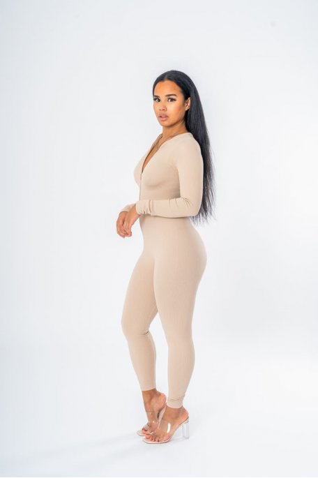 Ribbed jumpsuit with beige zip