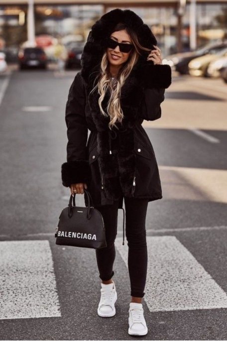 Faux fur parka with hood and black sleeves