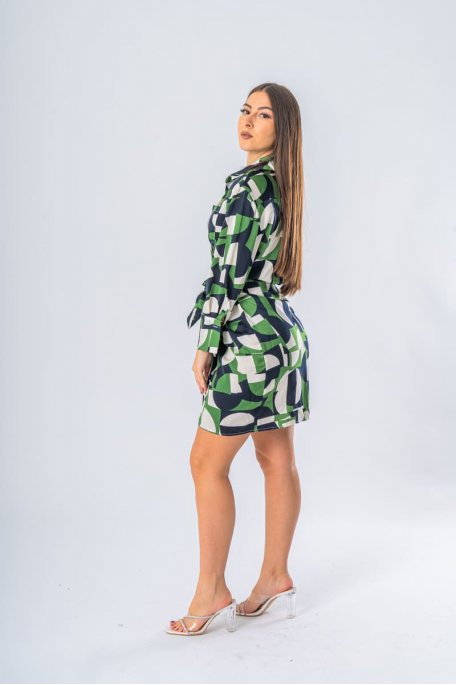 Wrap shirt dress with green geometric pattern