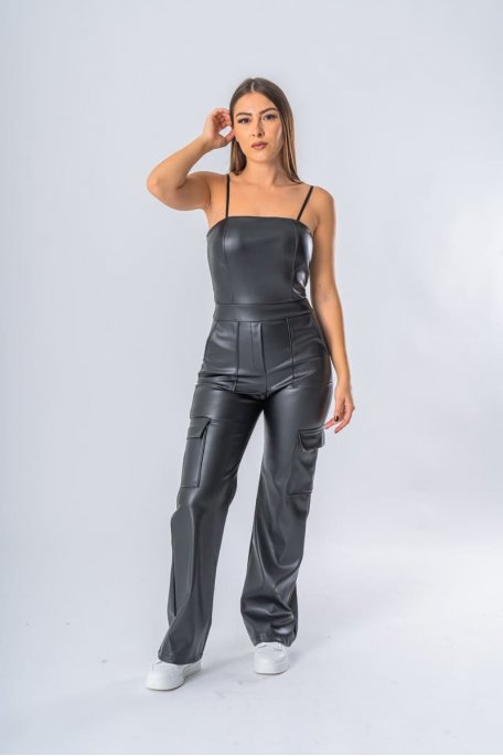 Black imitation leather cargo pant suit