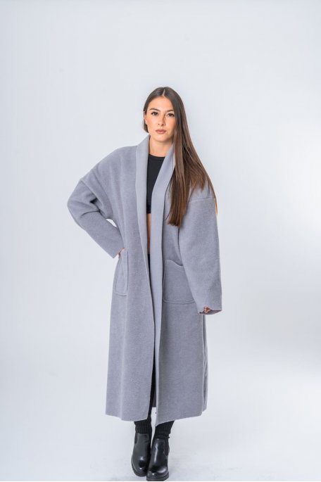 Soft textured long open jacket grey