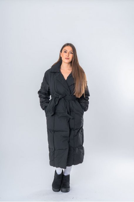 Long quilted belted padded jacket, black