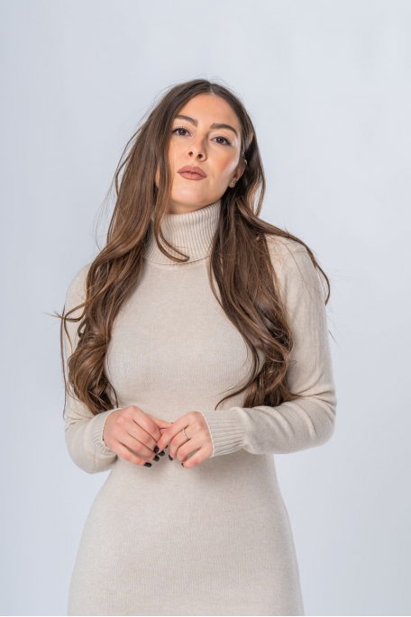 Short beige turtleneck sweater dress