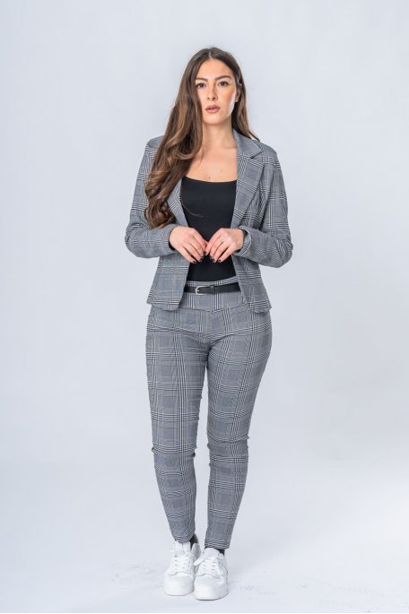 Gray belted plaid tailored pants