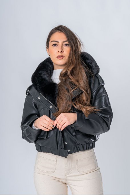 Short faux leather jacket with black faux fur hood