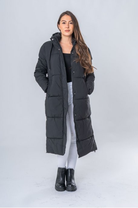 Long, straight, zipped jacket with hood, black