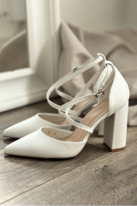 White cross-strap heeled sandals