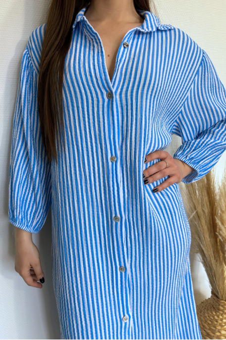 Striped long dress in blue cotton gauze