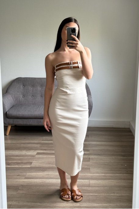 Beige double-belted strapless dress