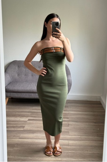 Khaki double-belted strapless dress