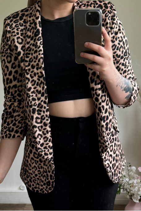 Leopard-print blazer jacket with reupholstered sleeves