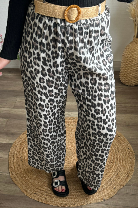 Loose-fitting pants with leopard print cotton gauze waistband