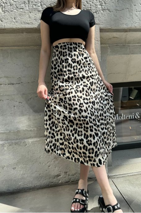 Beige satin-effect leopard long skirt