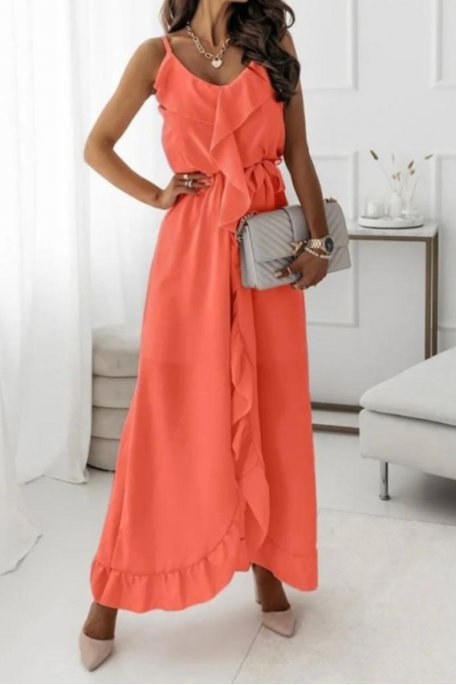 copy of Fluorescent orange long dress with ruffles and straps