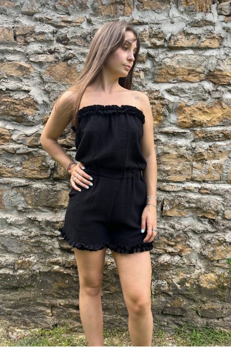 Strapless jumpsuit in cotton gauze with black ruffled seams