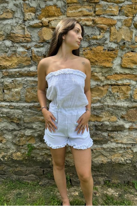 Strapless jumpsuit in cotton gauze with white ruffled seams