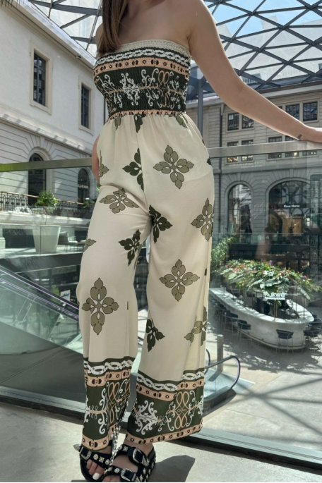 Strapless jumpsuit with khaki pattern