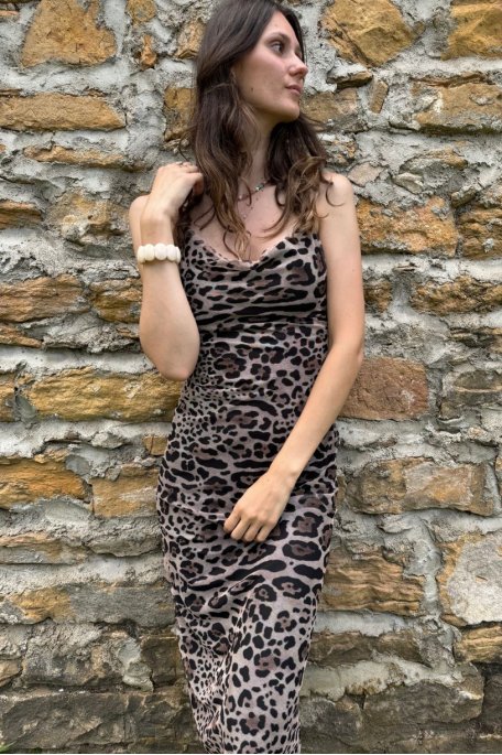 Brown leopard print strapless maxi dress