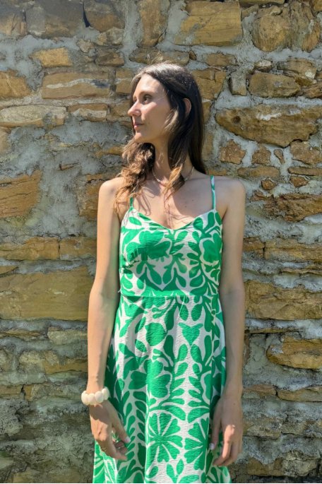 Strapless long dress with green floral motif