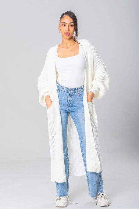 Gilet long en maille manches bouffantes blanc