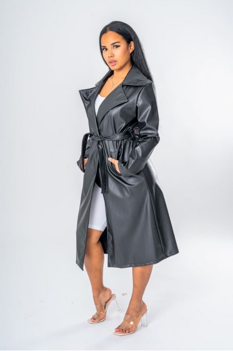 Trench simili long ceinture noir Cinelle Paris mode femme tendance