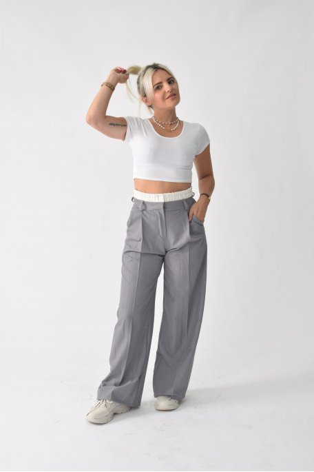 Pantalon tailleur ceinture boxer coupe large gris